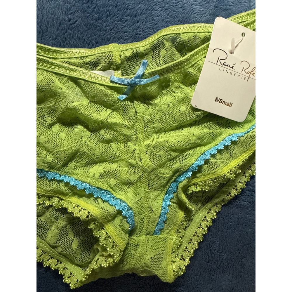 Rene Rofe Lingerie Lime Green Floral Lace Panties Blue Bow Trim Womens Small 5